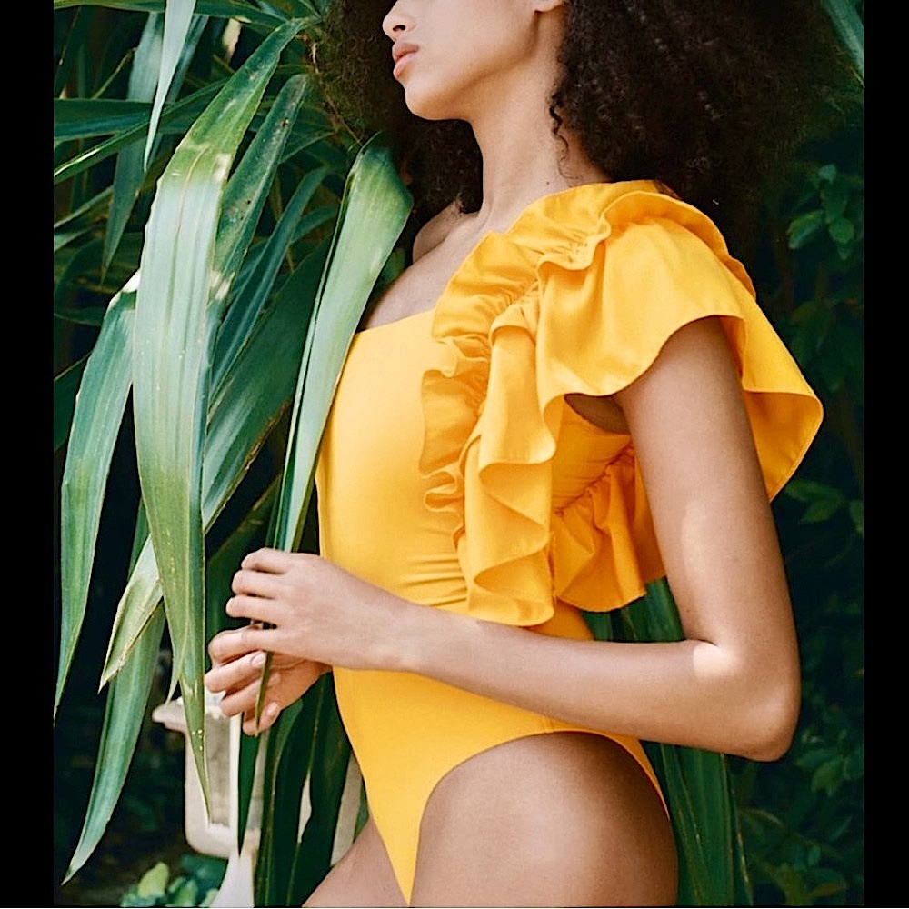 Zara Large Ruffle One Shoulder One Piece Swimsuit in Bright Yellow - Picture 6 of 15